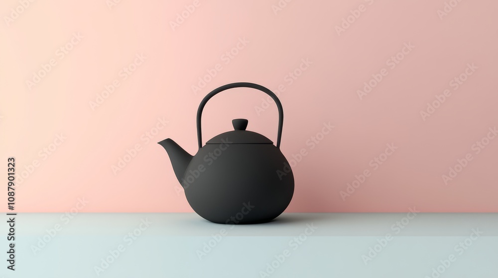 Black teapot on a light blue surface with a pink wall behind it. Black teapot on a light blue surface with a pink wall behind it.