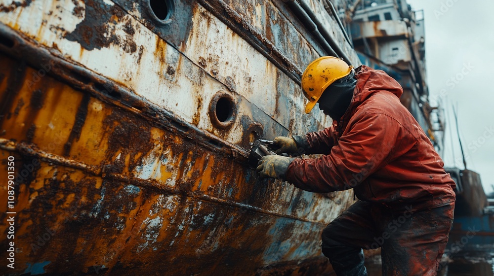 Shipyard worker repairing rusty ship hull. Shipyard worker repairing rusty ship hull.