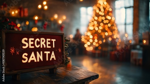 Sign in the foreground that reds “SECRET SANTA” - presents - gifts - party game - holiday - festive - tree - soft lighting  photo