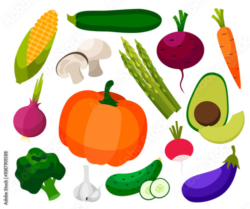 Set of fresh healthy vegetables isolated. Slices of vegetables. Flat design. Organic farm illustration. Healthy lifestyle vector design elements.