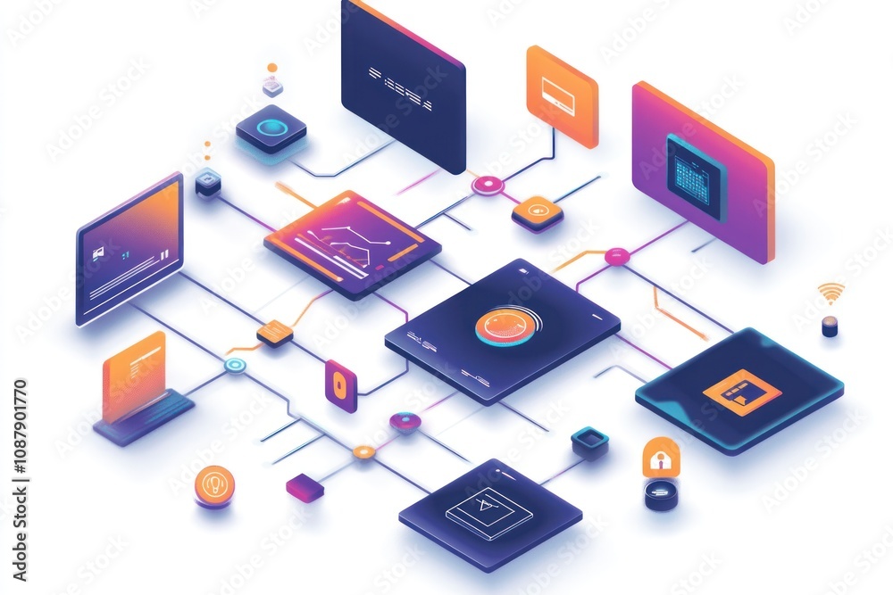Isometric illustration of a network of interconnected devices and data. Isometric illustration of a network of interconnected devices and data.