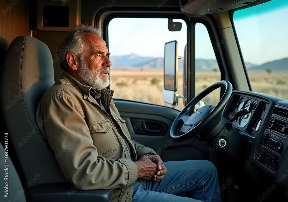 Senior Truck Driver Reflecting on the Open Road at Sunset Senior Truck Driver Reflecting on the Open Road at Sunset