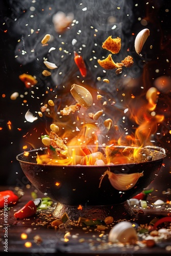 A bowl of food being thrown upwards, captured in mid-air