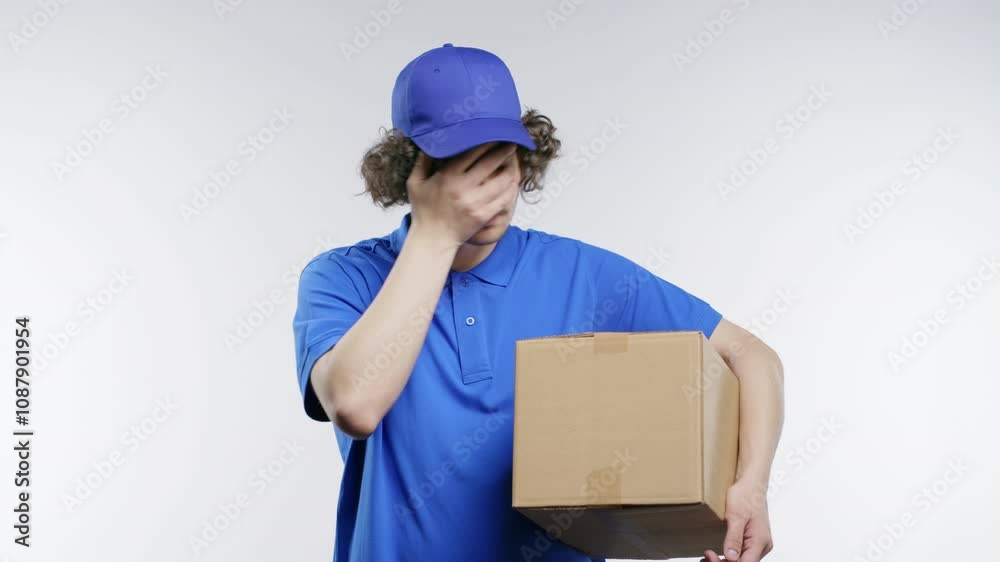 Sad Confused Post Courier Man Doing Facepalm. Feeling Sorrow, Regret, Failure Sad Confused Post Courier Man Doing Facepalm. Feeling Sorrow, Regret, Failure