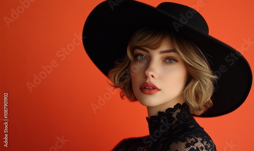 Elegant woman with short wavy blonde hair, large black hat, wearing a black lace top, set against an eye-catching orange background conveying chic sophistication