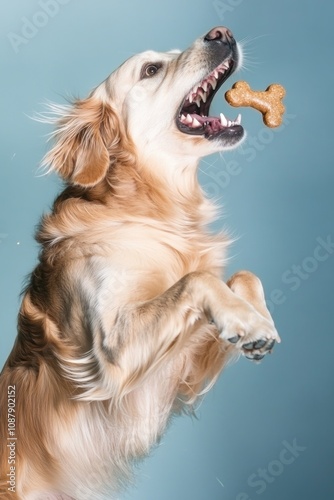 A dog in motion, jumping to catch a thrown bone