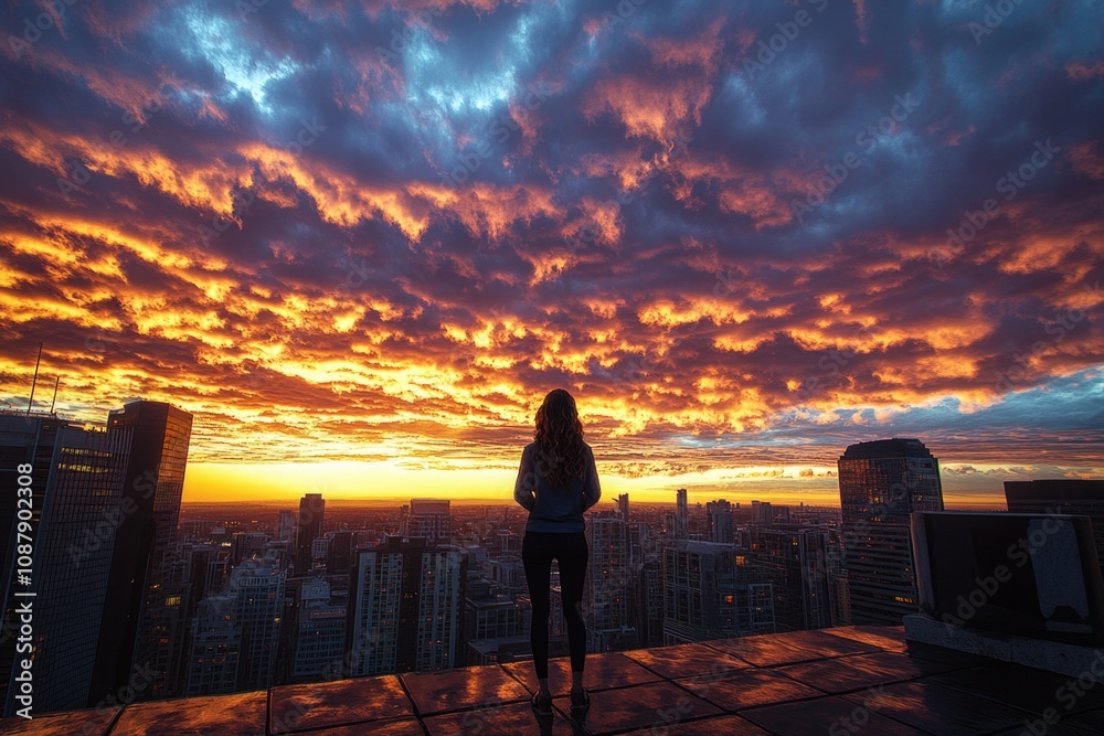 A person stands on the edge of a rooftop, gazing out at the setting sun A person stands on the edge of a rooftop, gazing out at the setting sun