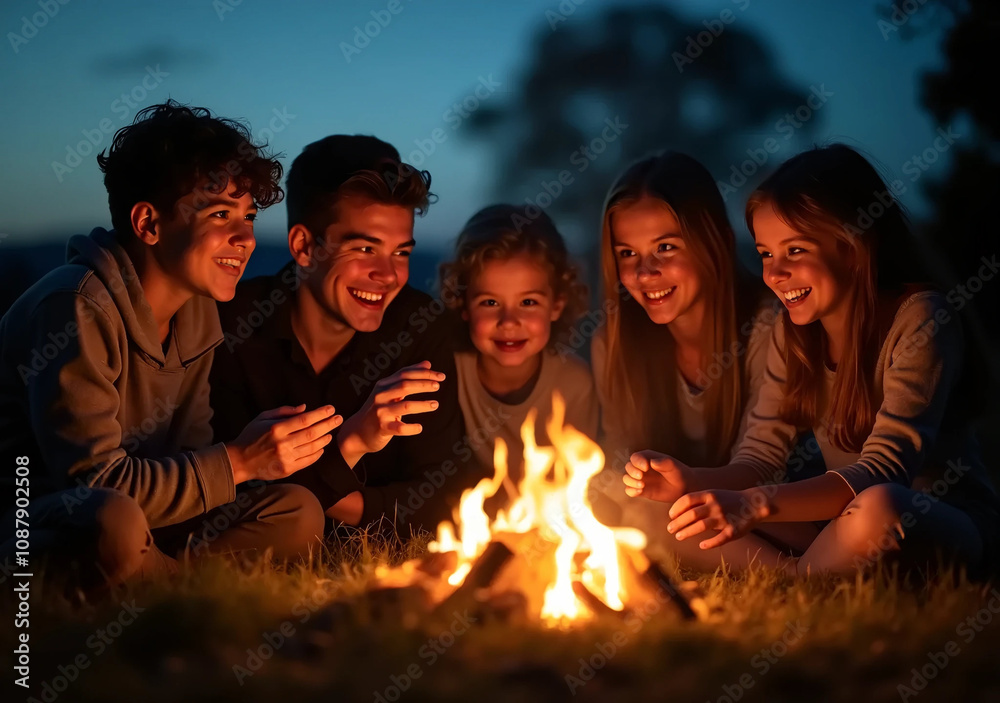 Fototapeta premium Friends Laughing Around a Campfire in the Evening Glow