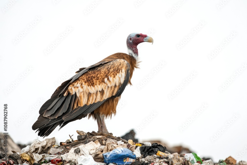 A large bird sits atop a pile of garbage, showcasing its adaptability and resourcefulness A large bird sits atop a pile of garbage, showcasing its adaptability and resourcefulness