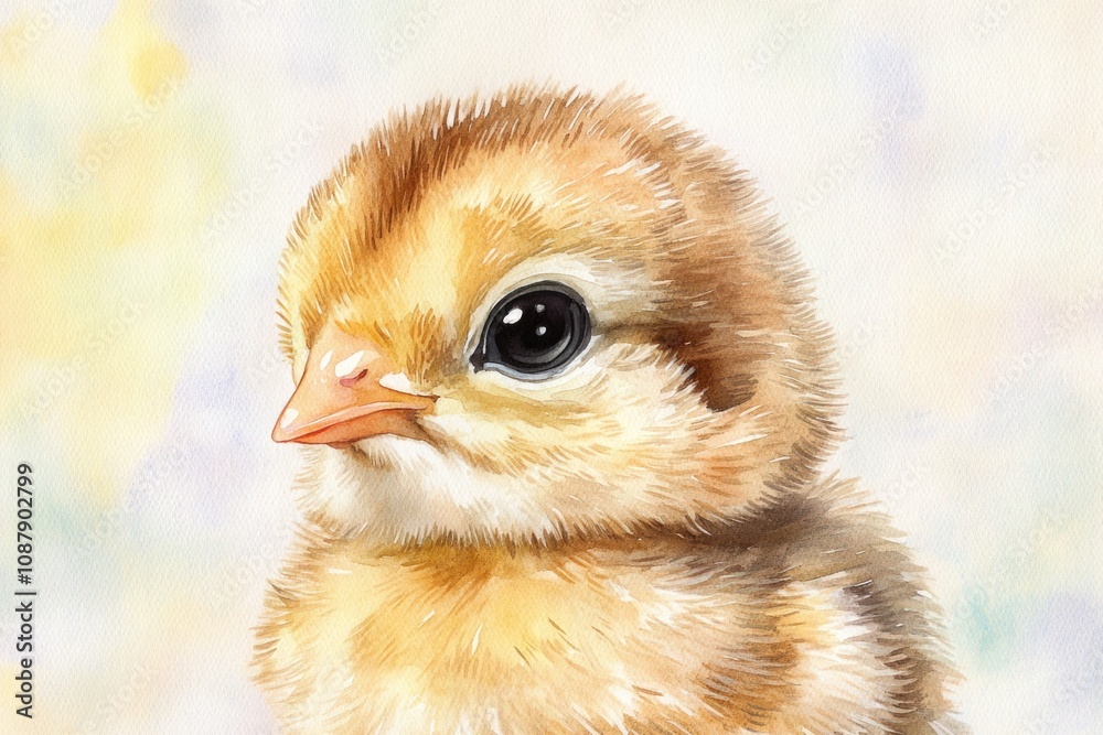 A cute and curious baby chicken looking up with big, round eyes A cute and curious baby chicken looking up with big, round eyes