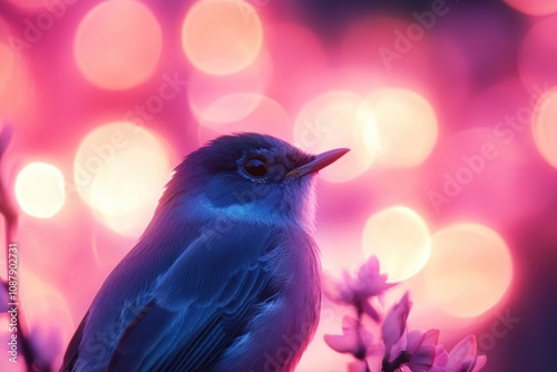 A small blue bird perched at the top of a tree branch, ready to take flight