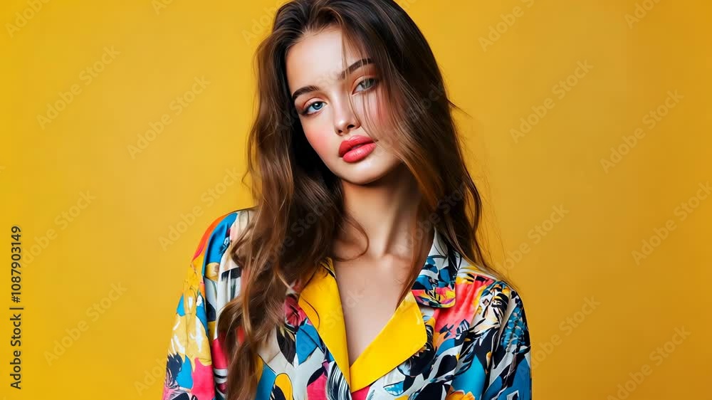A woman with long brown hair is wearing a colorful floral print dress and standing in front of a yellow background A woman with long brown hair is wearing a colorful floral print dress and standing in front of a yellow background