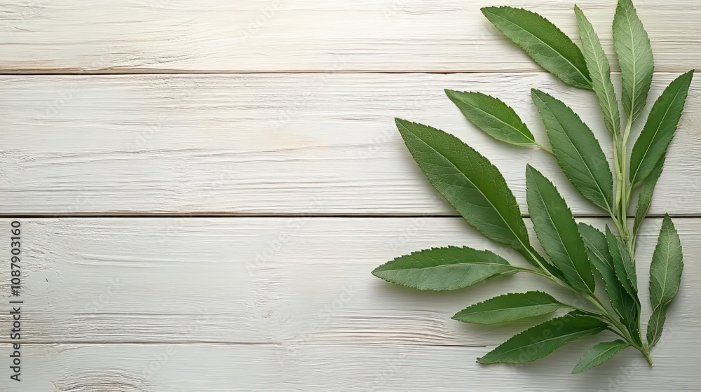 Fresh green leaves on a wooden surface. Fresh green leaves on a wooden surface.