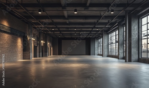 Empty industrial warehouse with polished concrete floor and ceiling lighting, featuring a large projector in the center. The space is modern with dark interior