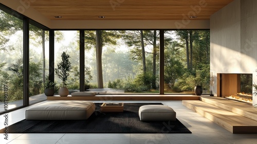 Modern minimalist living room with floor-to-ceiling windows overlooking a lush forest. Natural light floods the space, highlighting the serene atmosphere and wooden features.