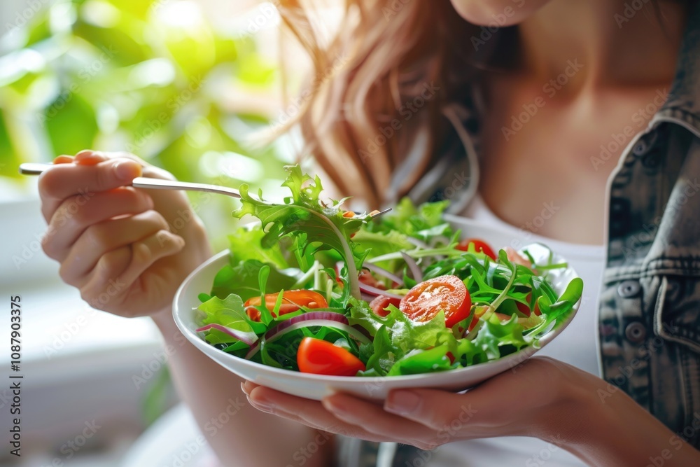 A person having lunch at home or office with a healthy salad and fork, perfect for editorial or commercial use A person having lunch at home or office with a healthy salad and fork, perfect for editorial or commercial use