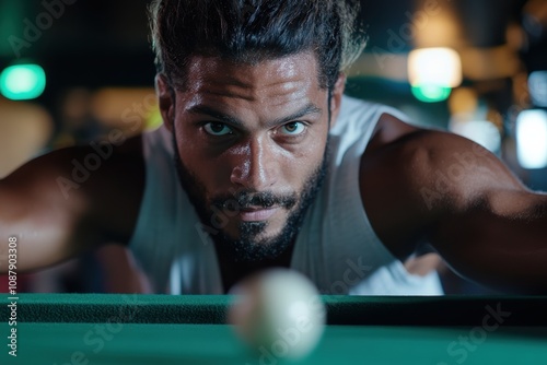 A determined player aims intently at the pool table ball, reflecting concentration and focus amid a bustling playing environment filled with vibrant lighting and action. photo