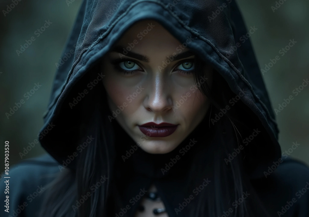 Enigmatic Woman with Piercing Eyes in Black Hat, Mysterious Atmosphere. Close up portrait of beautiful charming witch Enigmatic Woman with Piercing Eyes in Black Hat, Mysterious Atmosphere. Close up portrait of beautiful charming witch
