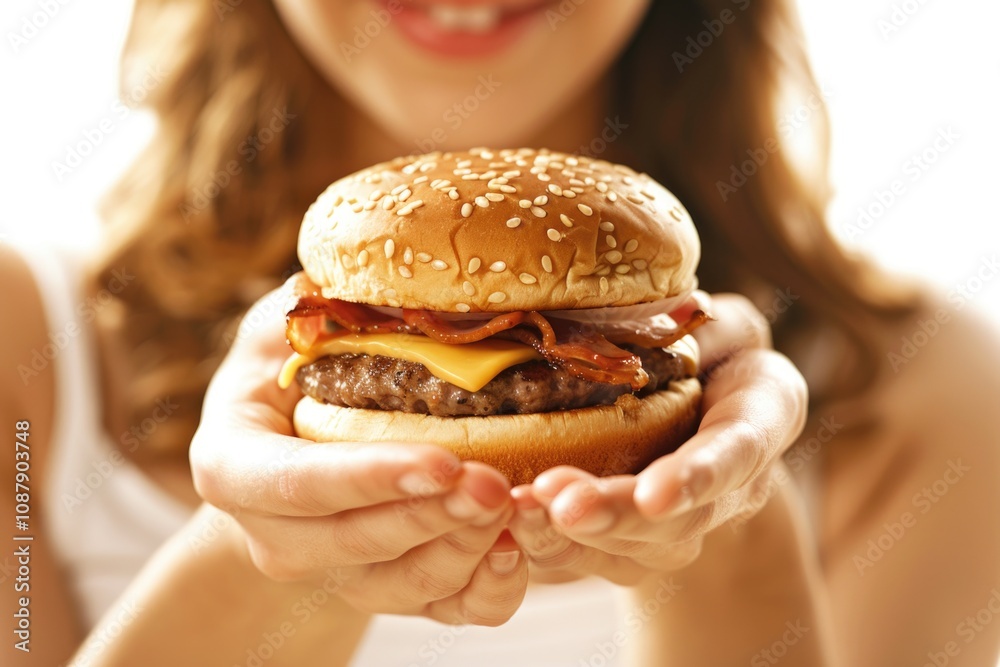 A woman holds a juicy burger in her hands, possibly at a picnic or outdoor meal A woman holds a juicy burger in her hands, possibly at a picnic or outdoor meal