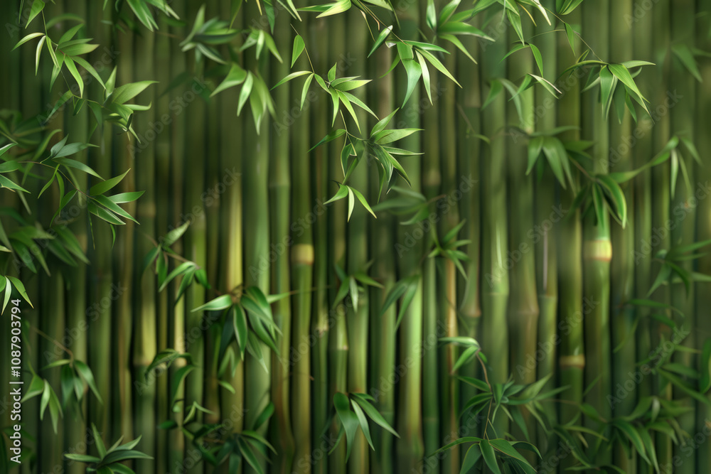 Obraz premium Bamboo Background with Green Stalks and Leaves for Natural and Tropical Designs