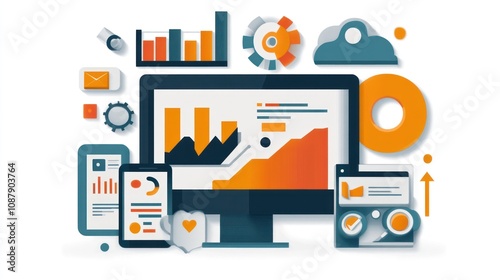 A computer monitor with a tablet and various icons representing data analytics, cloud computing, and digital marketing.