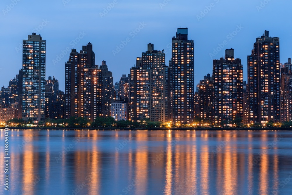 Fototapeta premium Nighttime cityscape viewed from the water, great for travel or architecture images
