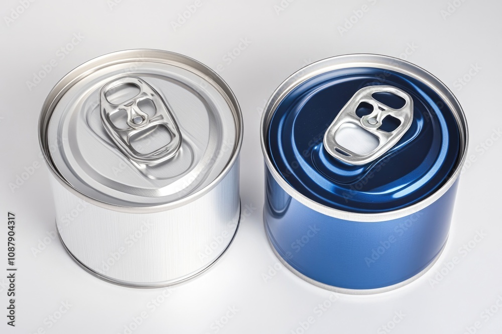 Two cans of soda placed on a clean white surface Two cans of soda placed on a clean white surface