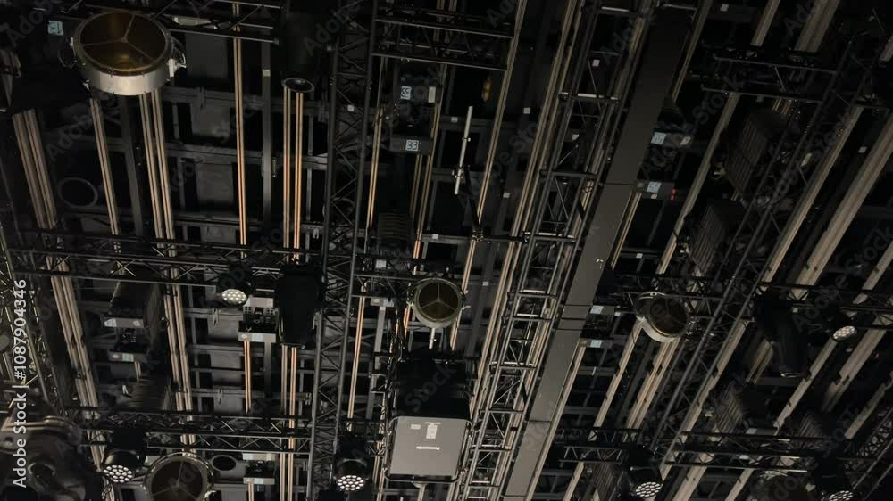 lights and rigging equipment on ceiling installed in TV studio lights and rigging equipment on ceiling installed in TV studio