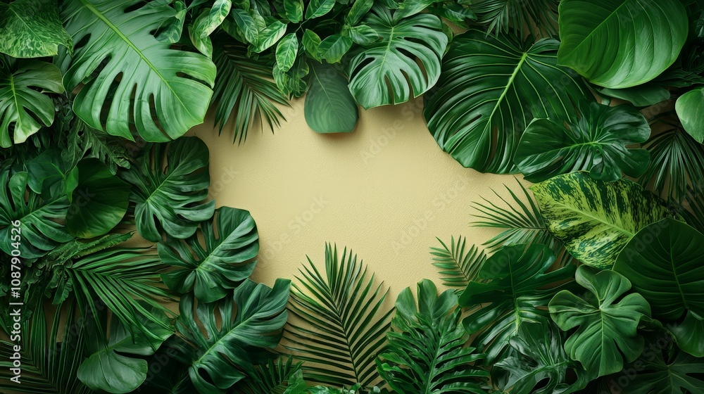 A vibrant arrangement of green leaves framing a blank space for text or design. A vibrant arrangement of green leaves framing a blank space for text or design.