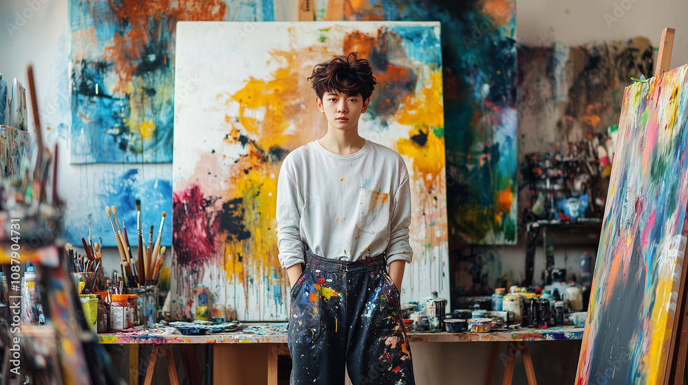 Obraz premium Young Artist Standing in a Colorful Studio Surrounded by Abstract Paintings. Creative Scene Featuring Vibrant Artwork, Paint Brushes, and an Artistic Atmosphere. Image Made Using Generative AI.