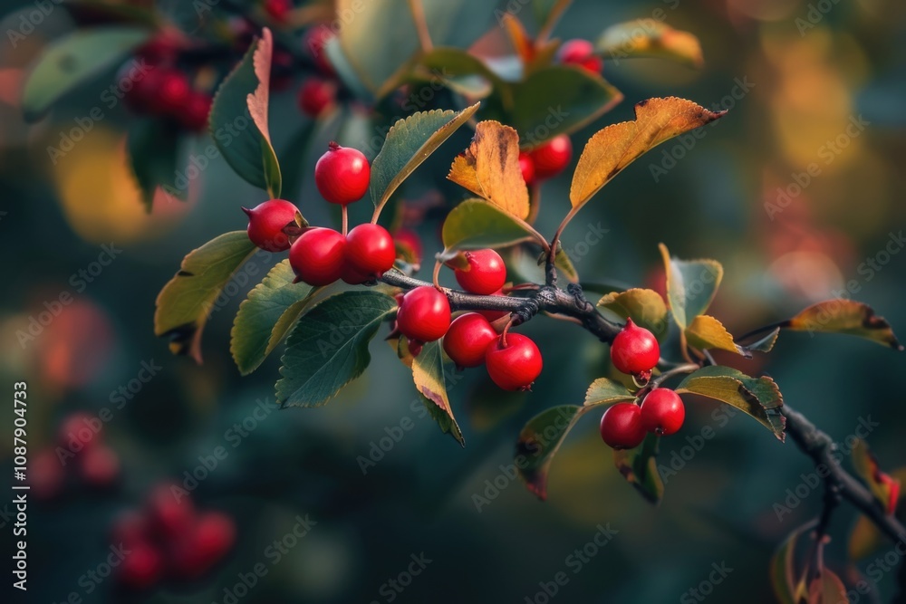 A close-up shot of a tree branch covered with bright red berries A close-up shot of a tree branch covered with bright red berries