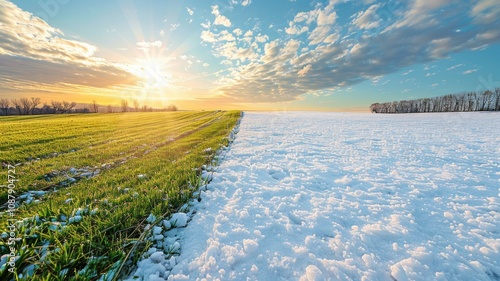 Dramatic landscape transition: green fields meet snow under a majestic sunset sky