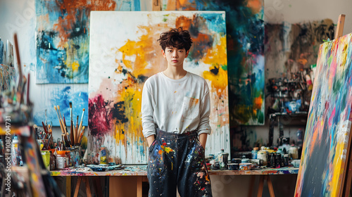 Young Artist Standing in a Colorful Studio Surrounded by Abstract Paintings. Creative Scene Featuring Vibrant Artwork, Paint Brushes, and an Artistic Atmosphere. Image Made Using Generative AI.