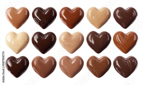 Heart shapes of chocolate, cream, foundation, isolated on white background