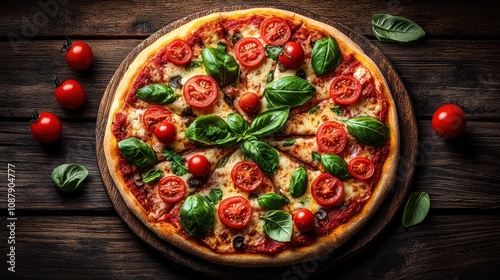 Fresh pizza topped with tomatoes and basil.