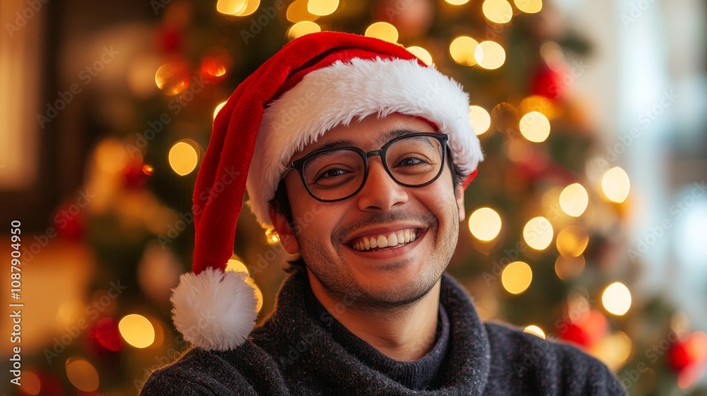 Portrait of a happy events planner in Santa hat organizing Christmas party festive spirit in events Portrait of a happy events planner in Santa hat organizing Christmas party festive spirit in events