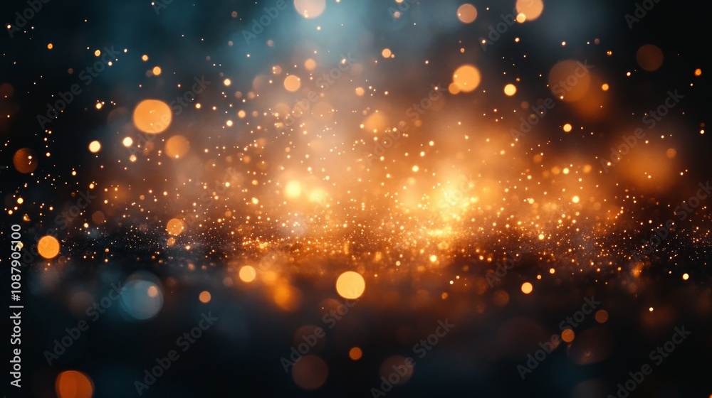 Obraz premium Golden particles and bokeh effect creating a magical atmosphere on a dark bronze background, ideal for festive designs