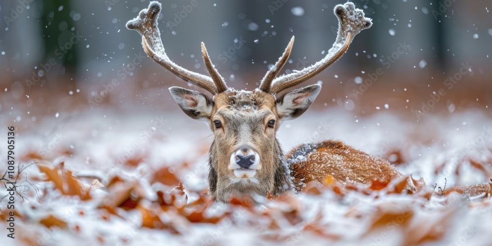 Majestic male deer resting in a snowy forest during winter Majestic male deer resting in a snowy forest during winter