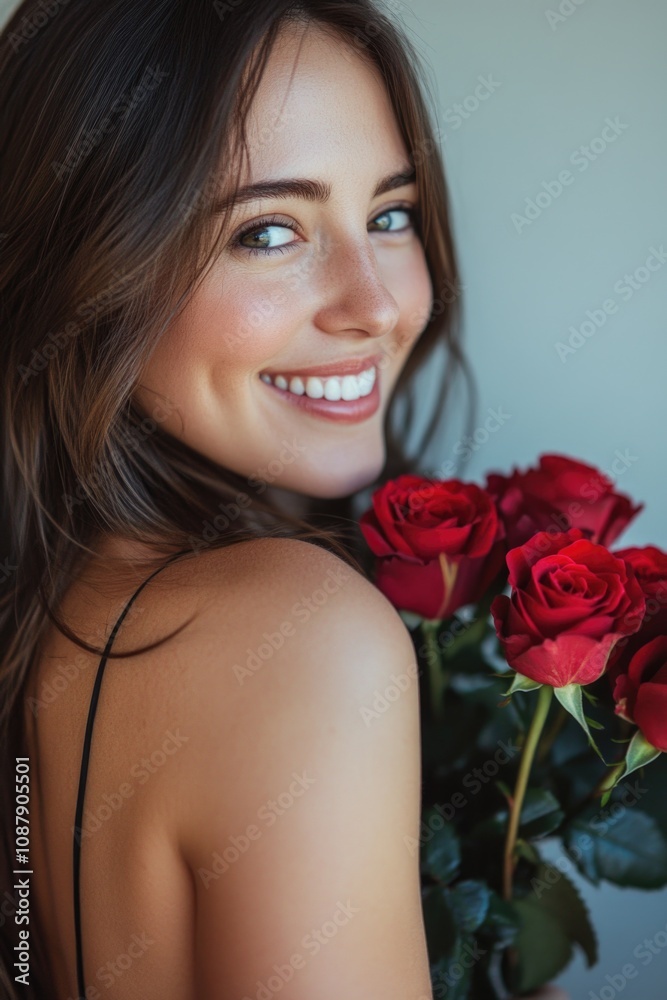 A woman holds a bouquet of red roses