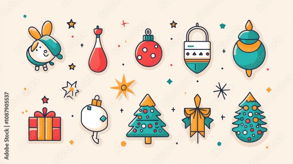 A set of Christmas icons with a cute bunny, presents, ornaments, and Christmas trees in a flat design style.