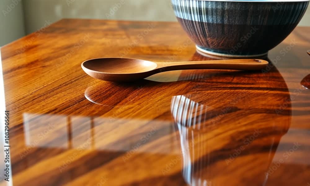 Elegant Wooden Table with a Glossy Finish, a Traditional Spoon and a Decorative Container Reflecting Natural Light in a Cozy Atmosphere Elegant Wooden Table with a Glossy Finish, a Traditional Spoon and a Decorative Container Reflecting Natural Light in a Cozy Atmosphere