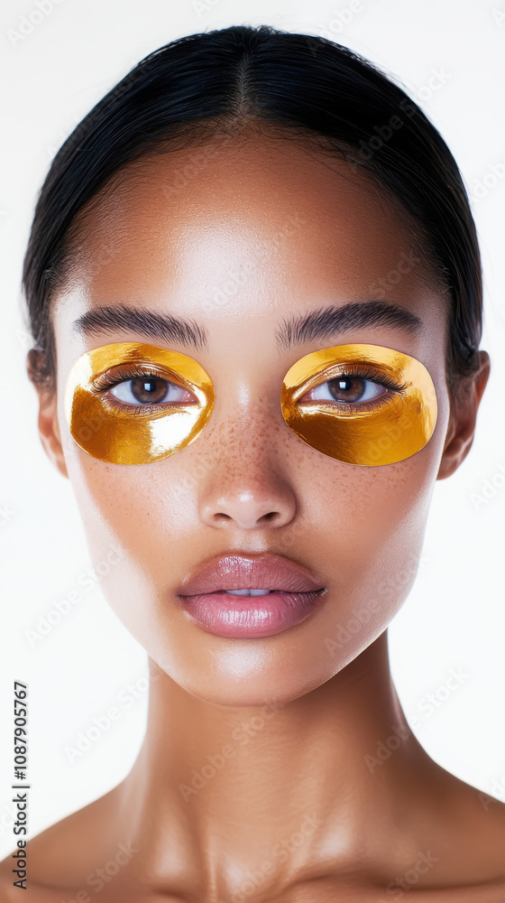 Beauty concept: portrait of a model with transparent golden eye patches for skincare and wellness Beauty concept: portrait of a model with transparent golden eye patches for skincare and wellness