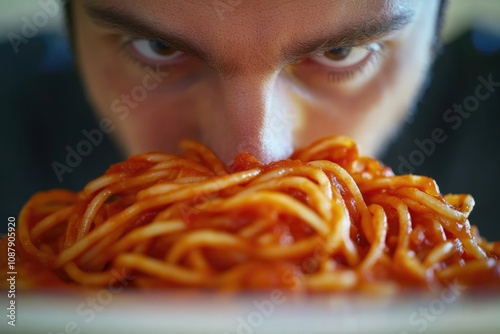 A close-up shot of a person enjoying a plate of spaghetti photo