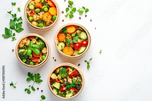 Three bowls filled with various vegetables, ideal for healthy meals or cooking demonstrations