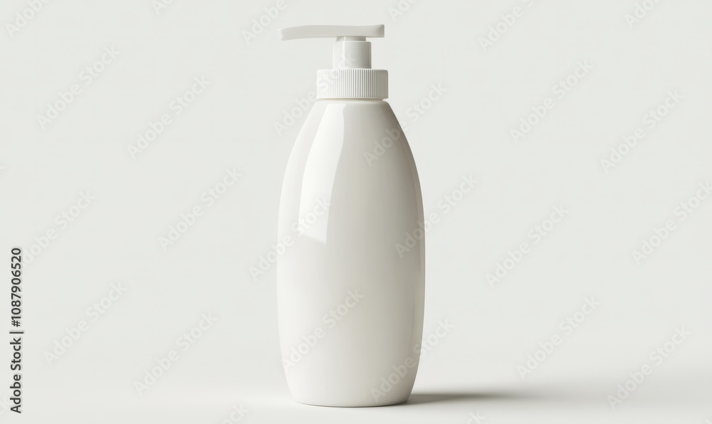 Generate an image of a white plastic bottle of lotion with a white background Generate an image of a white plastic bottle of lotion with a white background