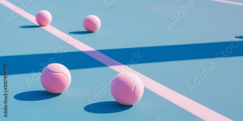 Pelotas de tenis de color rosa aesthetic en una cancha de tenis azul, tenis aesthetic, pelotas de tenis en la cancha