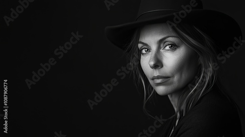 A black and white portrait depicts a woman wearing a black hat, posed against a black backdrop. 