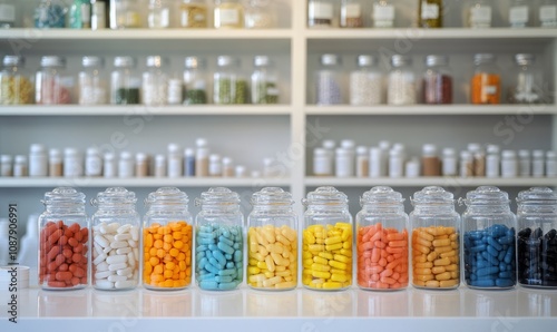 Wallpaper Mural Glass jars filled with various colored capsules and tablets arranged in a row on a white surface, with a blurred background of shelves and containers Torontodigital.ca