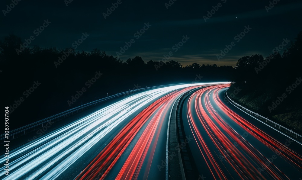 Long exposure shot of a highway at night with red and white car light trails creating dynamic, curving lines, emphasizing speed and motion Long exposure shot of a highway at night with red and white car light trails creating dynamic, curving lines, emphasizing speed and motion