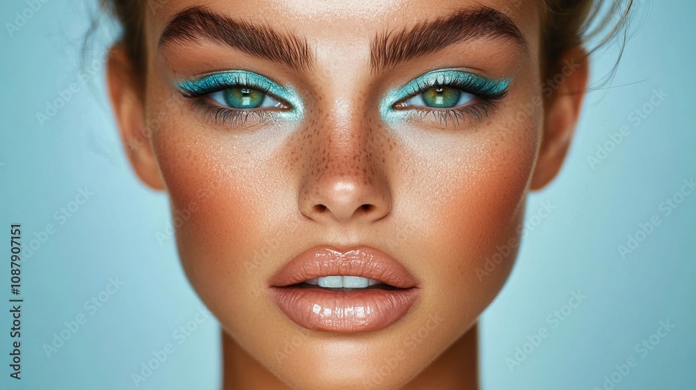 A captivating gaze from a model with vibrant green eyes and perfectly arched brows. Her lips are adorned with subtle beige lipstick and her eyeshadow shimmers with shades of blue A captivating gaze from a model with vibrant green eyes and perfectly arched brows. Her lips are adorned with subtle beige lipstick and her eyeshadow shimmers with shades of blue